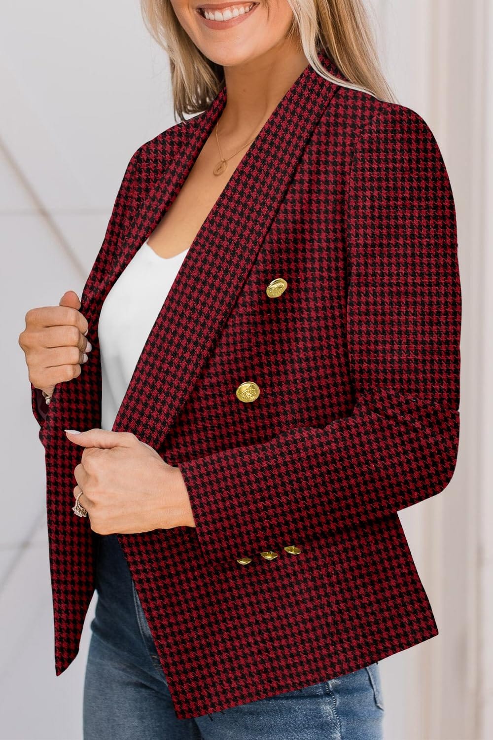 CRAZY GRID Womens Casual Blazer Jacket Gold Button Long Sleeve Work 0ffice Blazer Lapel Open Front Jacket - Xpressa