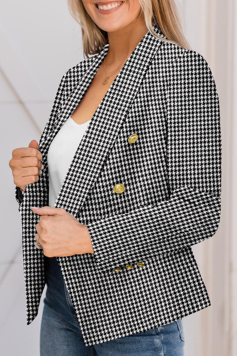 CRAZY GRID Womens Casual Blazer Jacket Gold Button Long Sleeve Work 0ffice Blazer Lapel Open Front Jacket - Xpressa