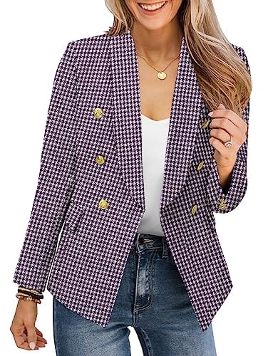 CRAZY GRID Womens Casual Blazer Jacket Gold Button Long Sleeve Work 0ffice Blazer Lapel Open Front Jacket - Xpressa