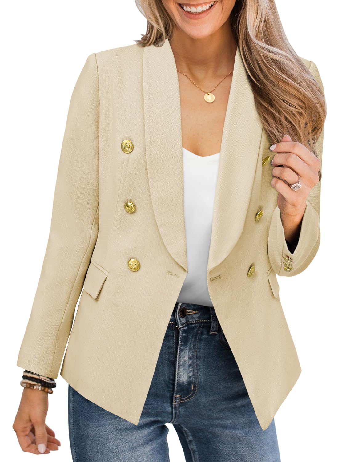 CRAZY GRID Womens Casual Blazer Jacket Gold Button Long Sleeve Work 0ffice Blazer Lapel Open Front Jacket - Xpressa