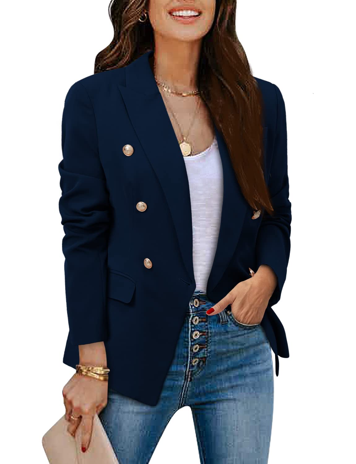 CRAZY GRID Womens Casual Blazer Jacket Gold Button Long Sleeve Work 0ffice Blazer Lapel Open Front Jacket - Xpressa