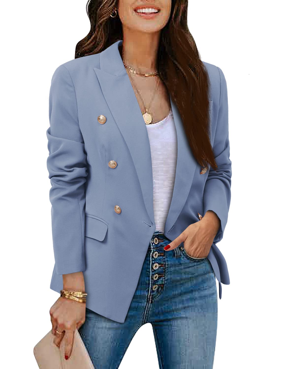 CRAZY GRID Womens Casual Blazer Jacket Gold Button Long Sleeve Work 0ffice Blazer Lapel Open Front Jacket - Xpressa
