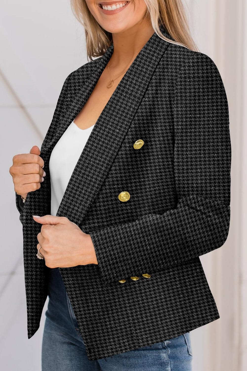 CRAZY GRID Womens Casual Blazer Jacket Gold Button Long Sleeve Work 0ffice Blazer Lapel Open Front Jacket - Xpressa