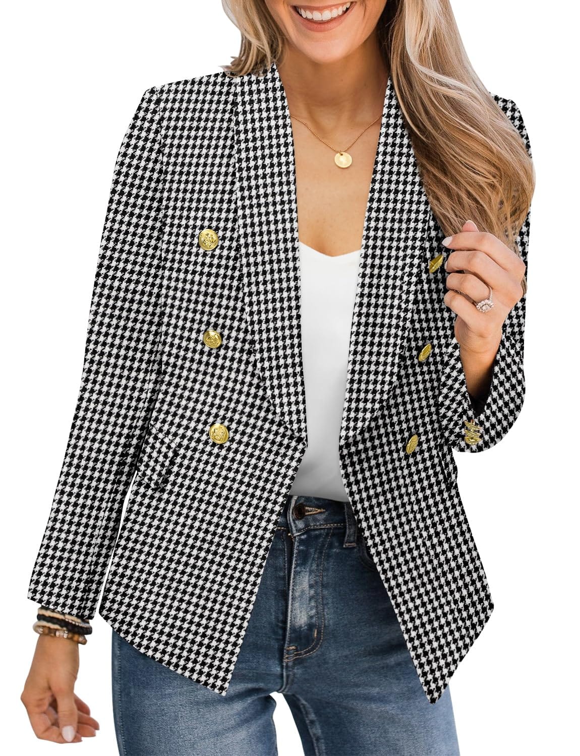CRAZY GRID Womens Casual Blazer Jacket Gold Button Long Sleeve Work 0ffice Blazer Lapel Open Front Jacket - Xpressa