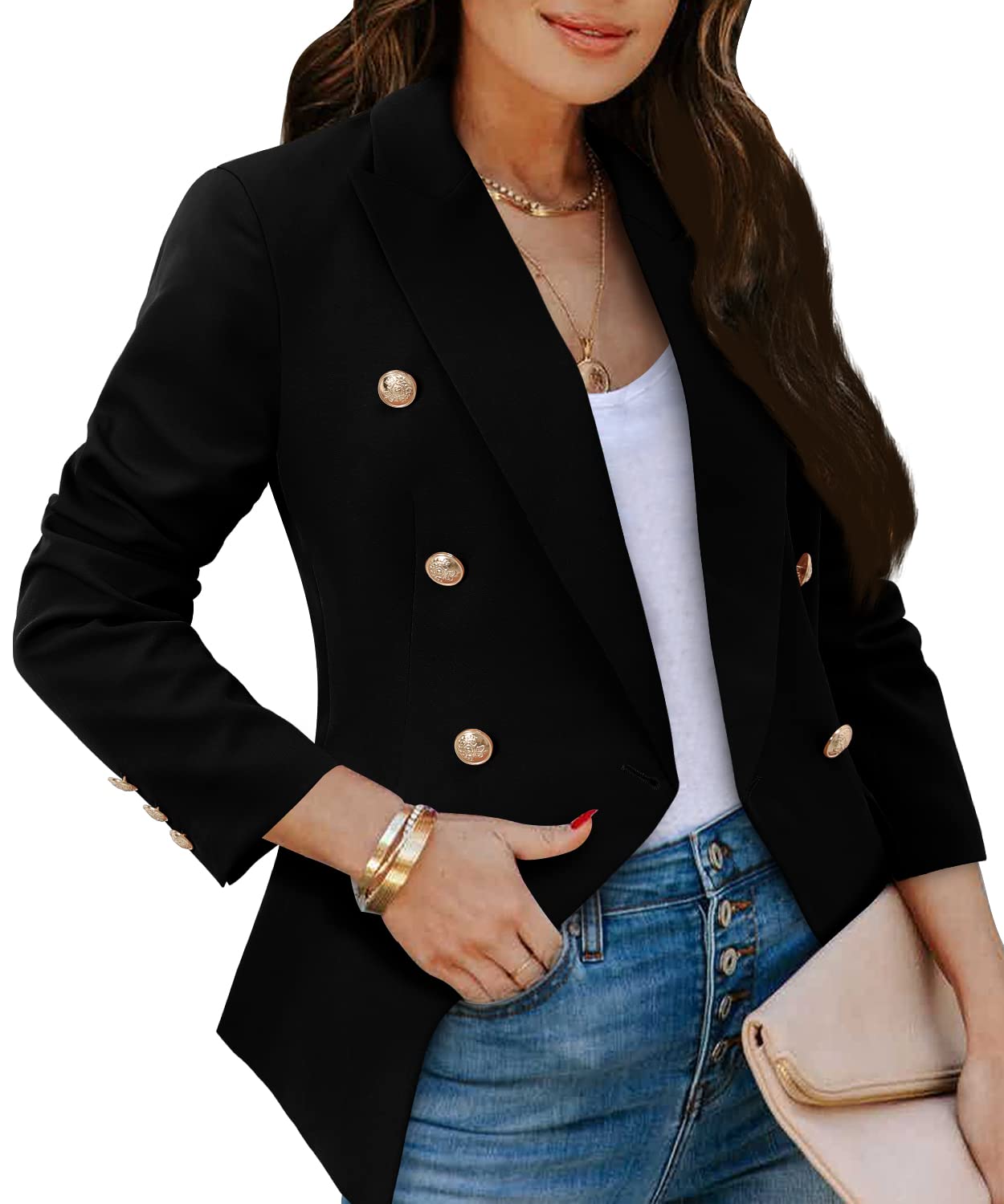 CRAZY GRID Womens Casual Blazer Jacket Gold Button Long Sleeve Work 0ffice Blazer Lapel Open Front Jacket - Xpressa