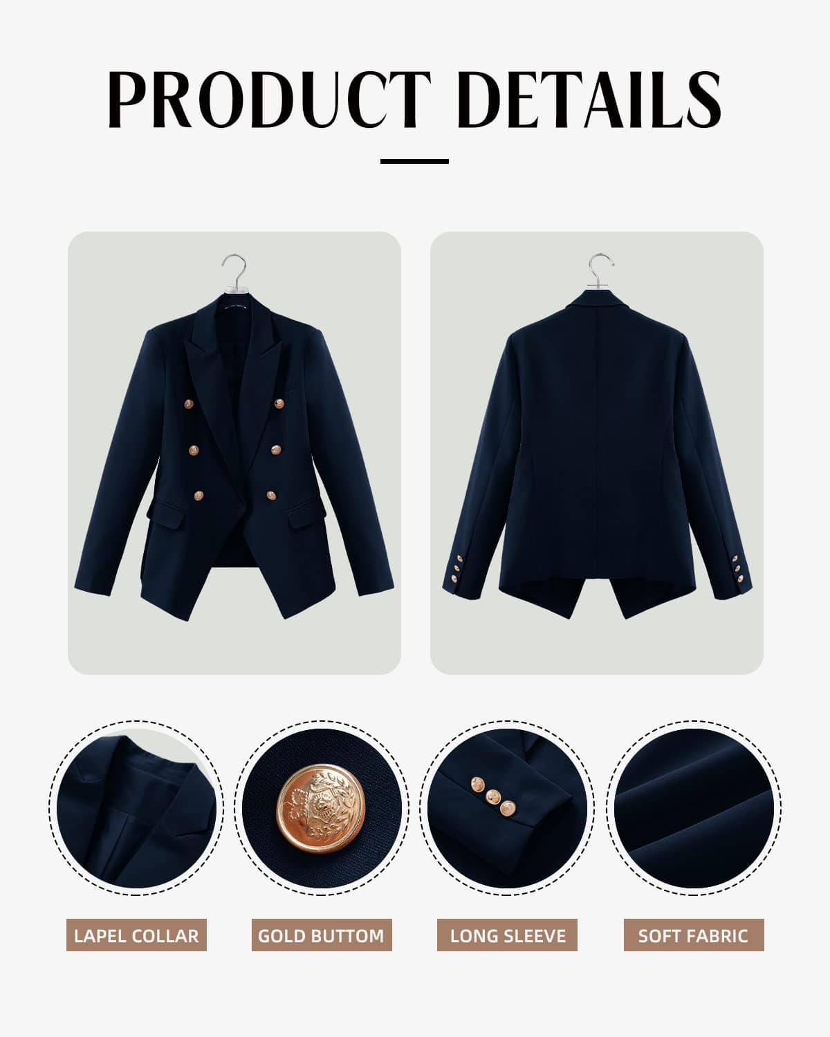 CRAZY GRID Womens Casual Blazer Jacket Gold Button Long Sleeve Work 0ffice Blazer Lapel Open Front Jacket - Xpressa