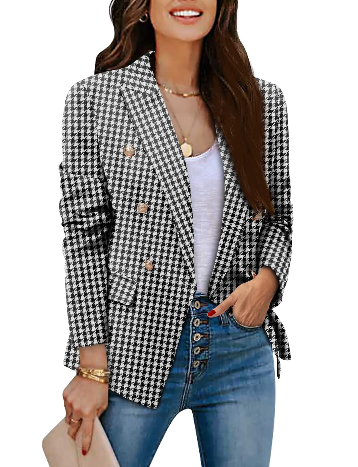 CRAZY GRID Womens Casual Blazer Jacket Gold Button Long Sleeve Work 0ffice Blazer Lapel Open Front Jacket - Xpressa