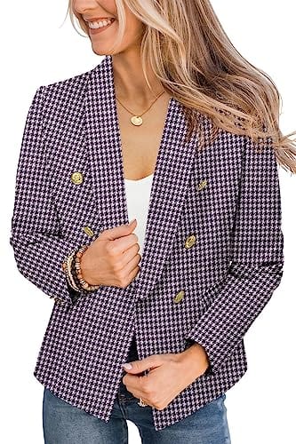 CRAZY GRID Womens Casual Blazer Jacket Gold Button Long Sleeve Work 0ffice Blazer Lapel Open Front Jacket - Xpressa
