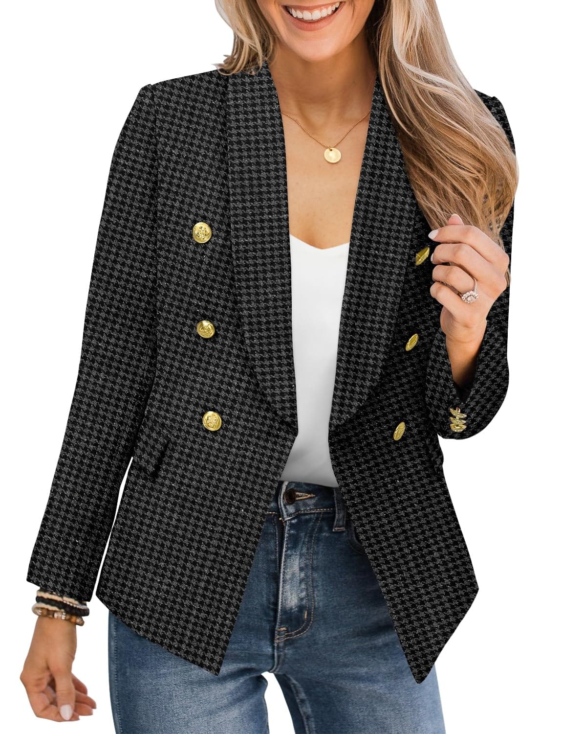 CRAZY GRID Womens Casual Blazer Jacket Gold Button Long Sleeve Work 0ffice Blazer Lapel Open Front Jacket - Xpressa