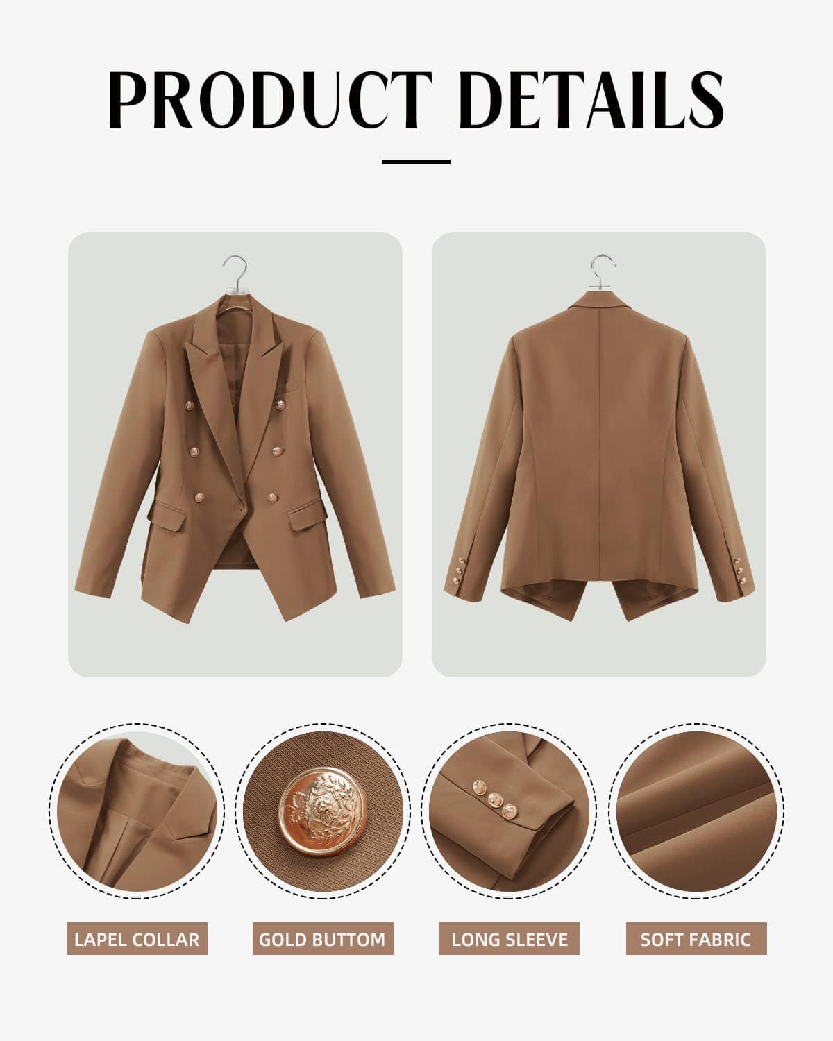 CRAZY GRID Womens Casual Blazer Jacket Gold Button Long Sleeve Work 0ffice Blazer Lapel Open Front Jacket - Xpressa
