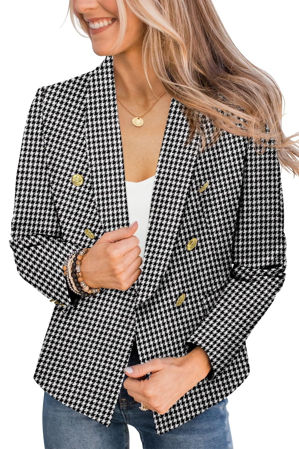 CRAZY GRID Womens Casual Blazer Jacket Gold Button Long Sleeve Work 0ffice Blazer Lapel Open Front Jacket - Xpressa