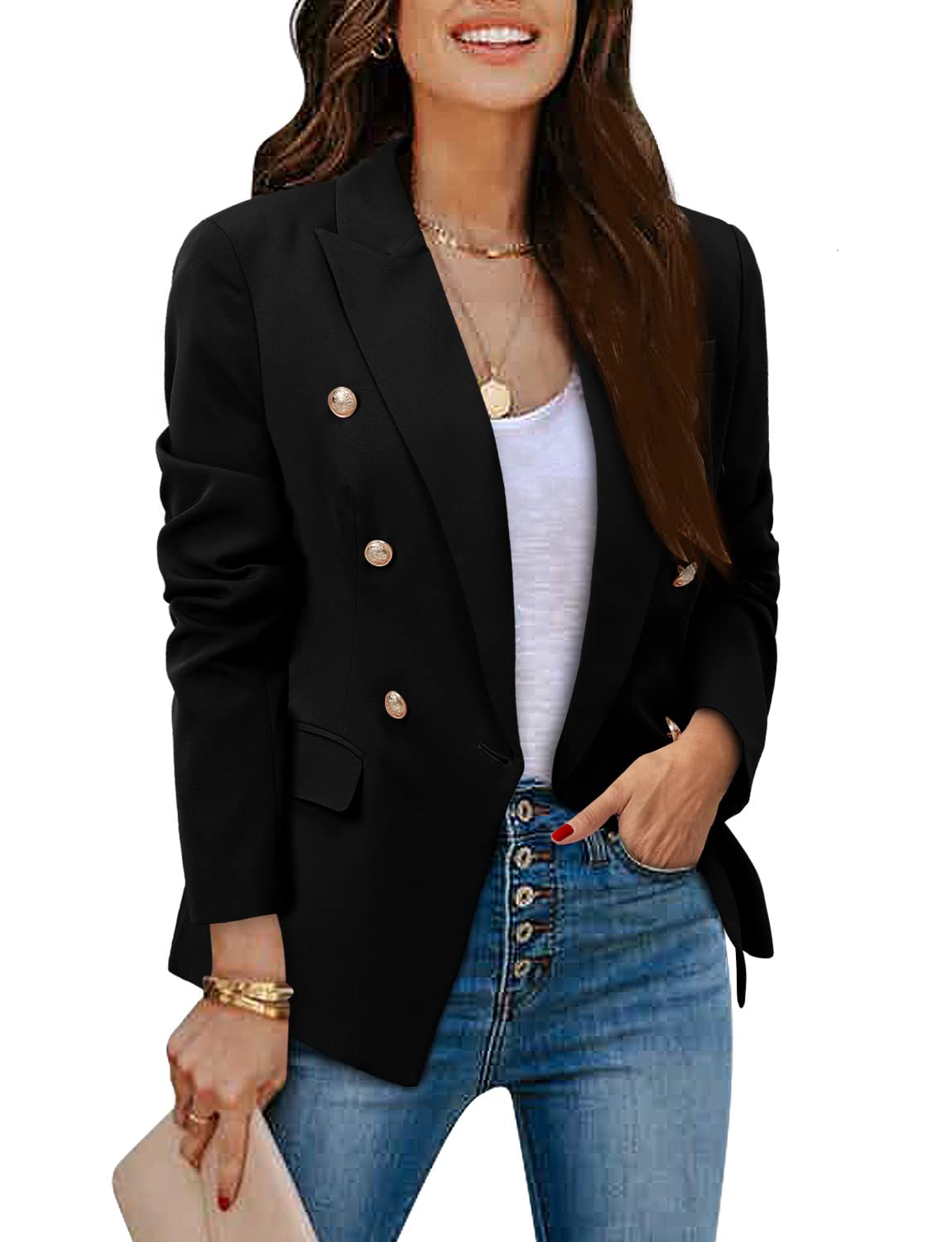 CRAZY GRID Womens Casual Blazer Jacket Gold Button Long Sleeve Work 0ffice Blazer Lapel Open Front Jacket - Xpressa