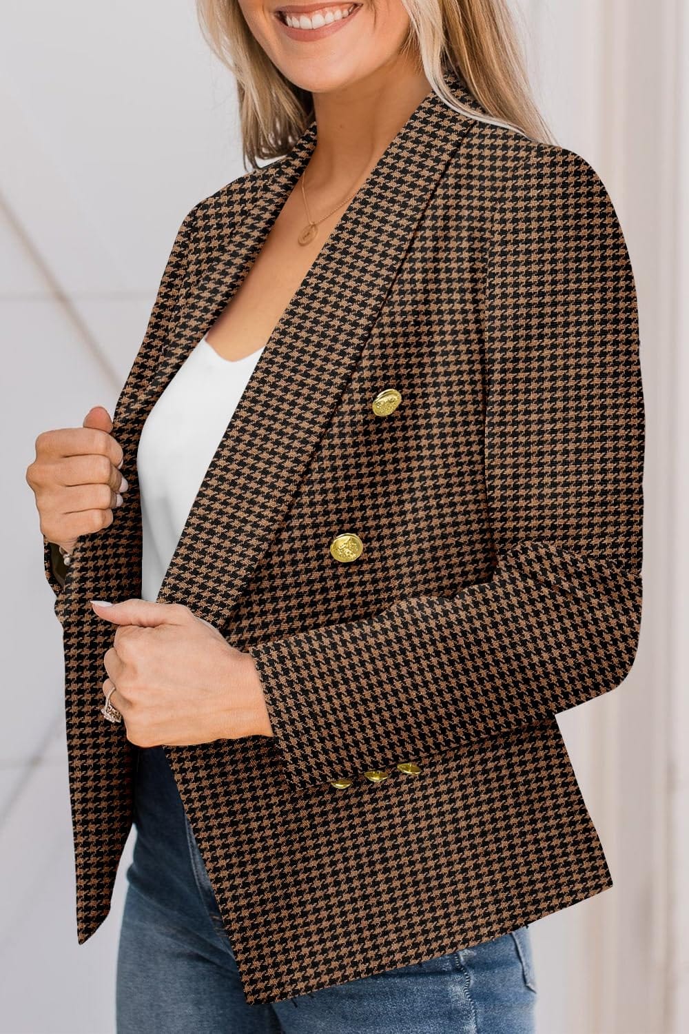 CRAZY GRID Womens Casual Blazer Jacket Gold Button Long Sleeve Work 0ffice Blazer Lapel Open Front Jacket - Xpressa