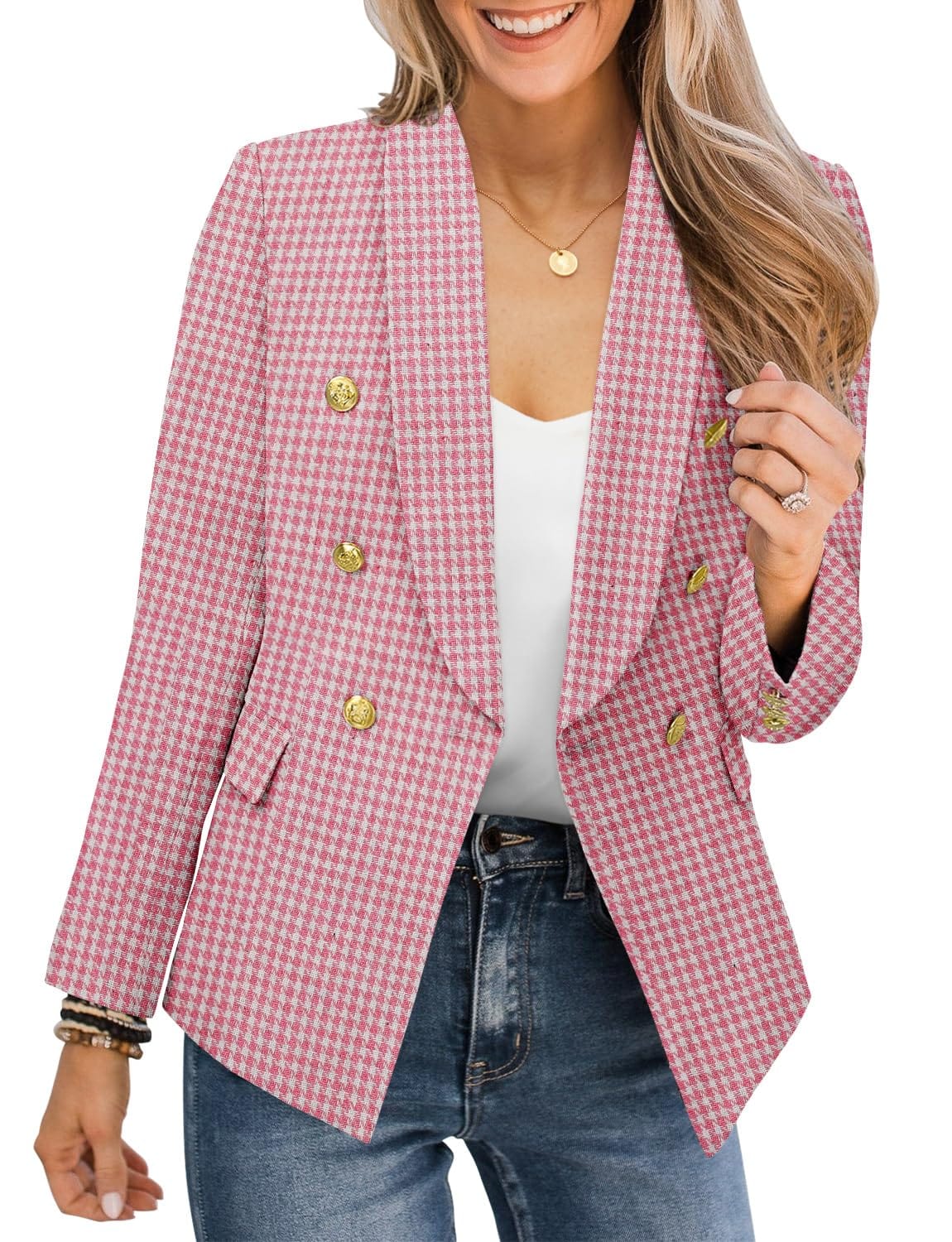 CRAZY GRID Womens Casual Blazer Jacket Gold Button Long Sleeve Work 0ffice Blazer Lapel Open Front Jacket - Xpressa