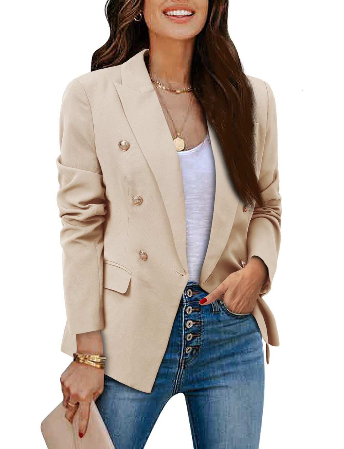 CRAZY GRID Womens Casual Blazer Jacket Gold Button Long Sleeve Work 0ffice Blazer Lapel Open Front Jacket - Xpressa