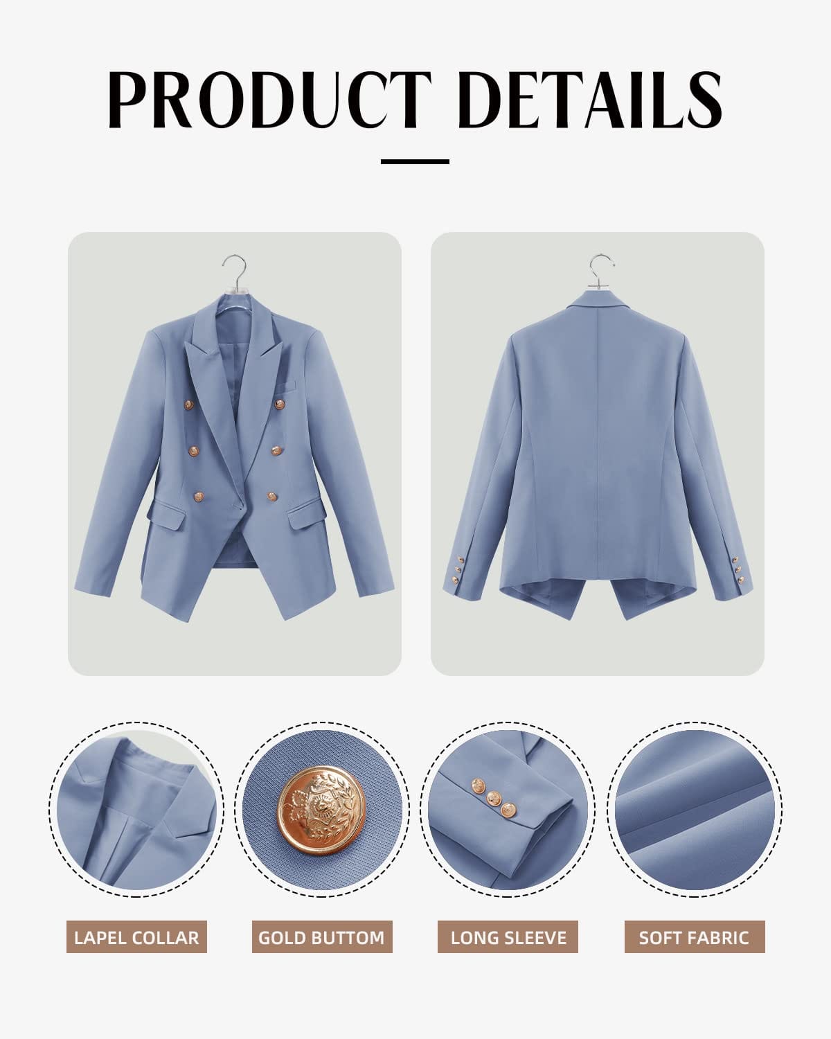 CRAZY GRID Womens Casual Blazer Jacket Gold Button Long Sleeve Work 0ffice Blazer Lapel Open Front Jacket - Xpressa