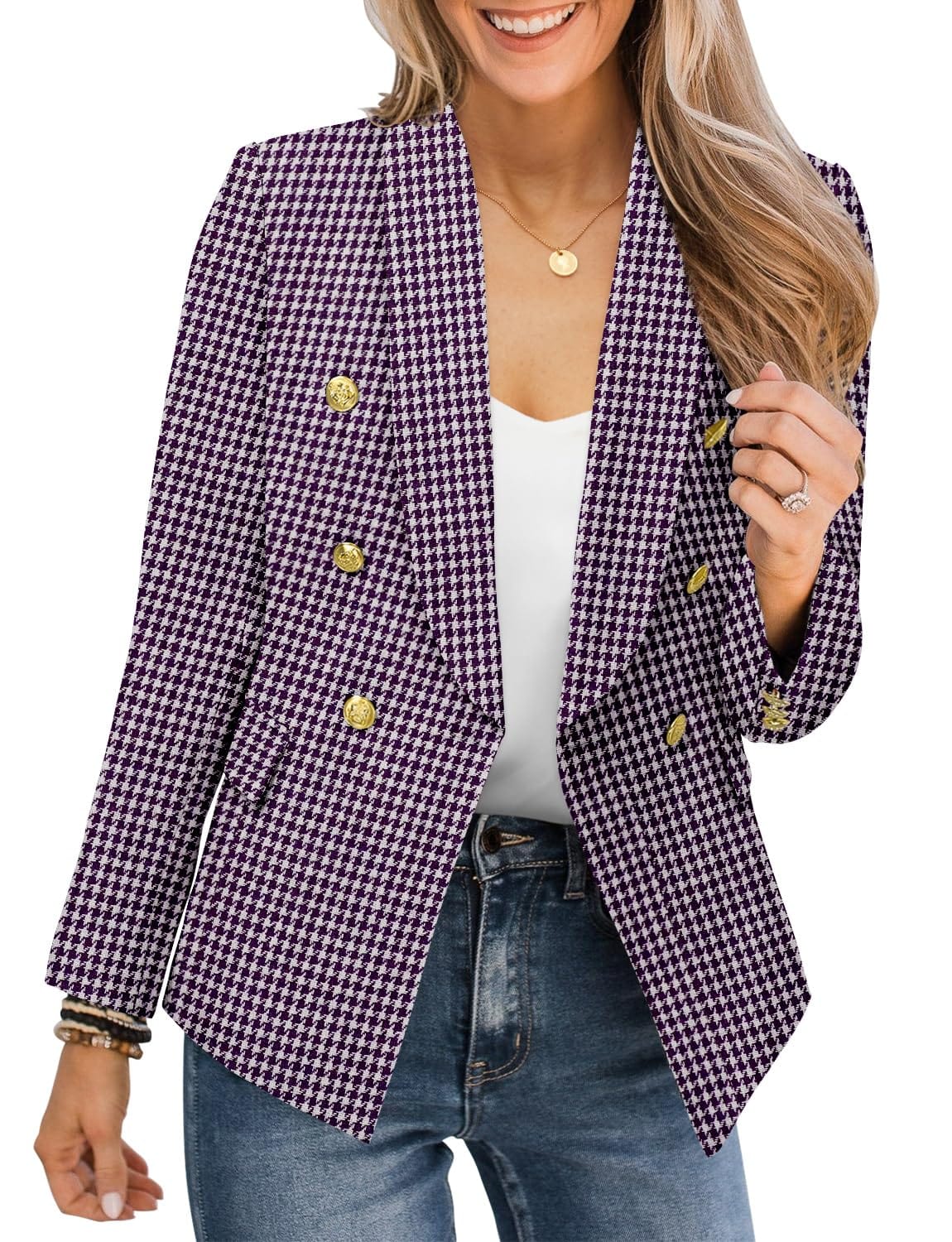 CRAZY GRID Womens Casual Blazer Jacket Gold Button Long Sleeve Work 0ffice Blazer Lapel Open Front Jacket - Xpressa