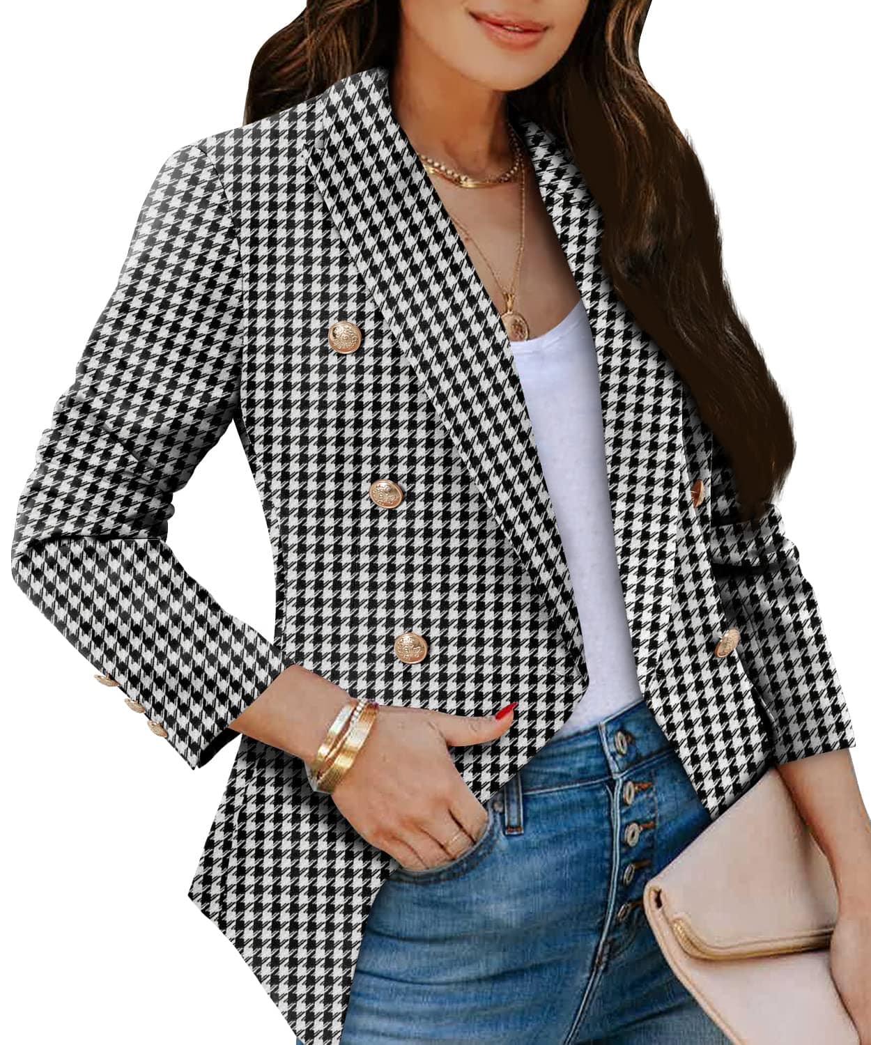 CRAZY GRID Womens Casual Blazer Jacket Gold Button Long Sleeve Work 0ffice Blazer Lapel Open Front Jacket - Xpressa