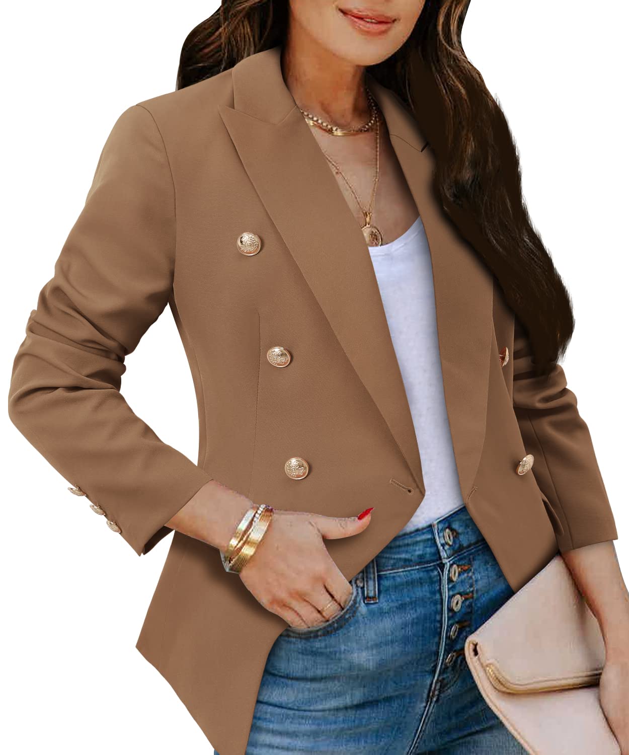 CRAZY GRID Womens Casual Blazer Jacket Gold Button Long Sleeve Work 0ffice Blazer Lapel Open Front Jacket - Xpressa