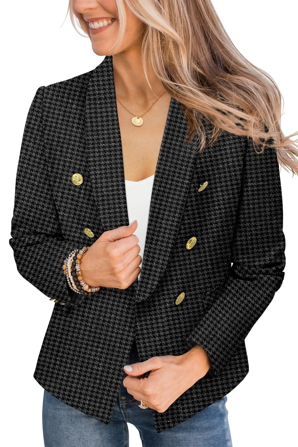CRAZY GRID Womens Casual Blazer Jacket Gold Button Long Sleeve Work 0ffice Blazer Lapel Open Front Jacket - Xpressa