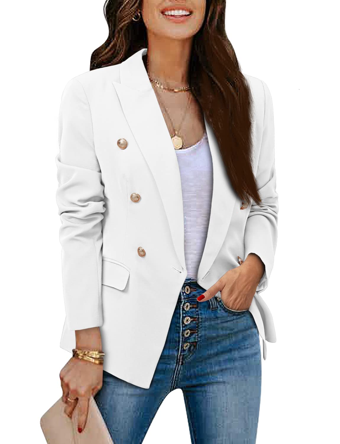 CRAZY GRID Womens Casual Blazer Jacket Gold Button Long Sleeve Work 0ffice Blazer Lapel Open Front Jacket - Xpressa