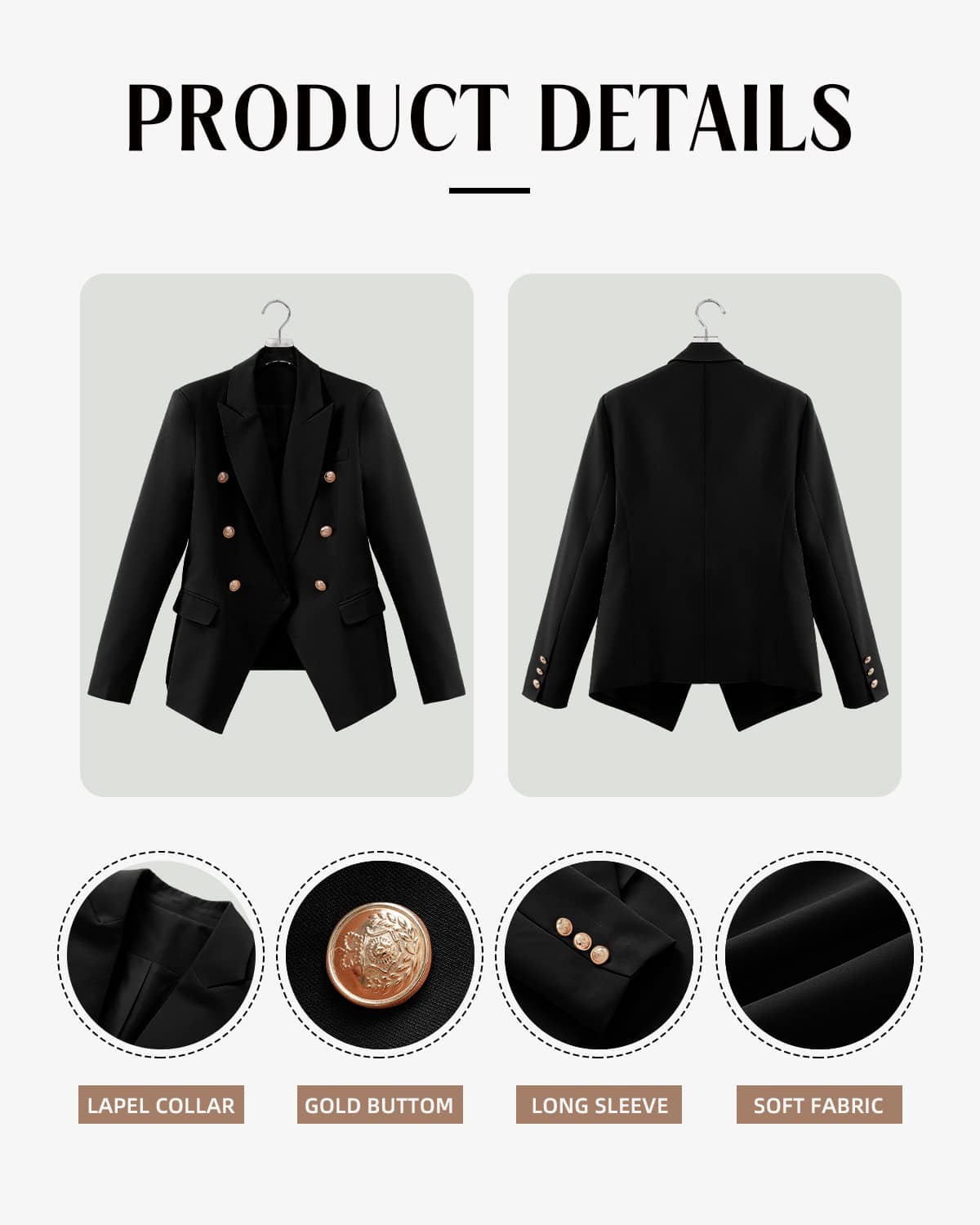 CRAZY GRID Womens Casual Blazer Jacket Gold Button Long Sleeve Work 0ffice Blazer Lapel Open Front Jacket - Xpressa