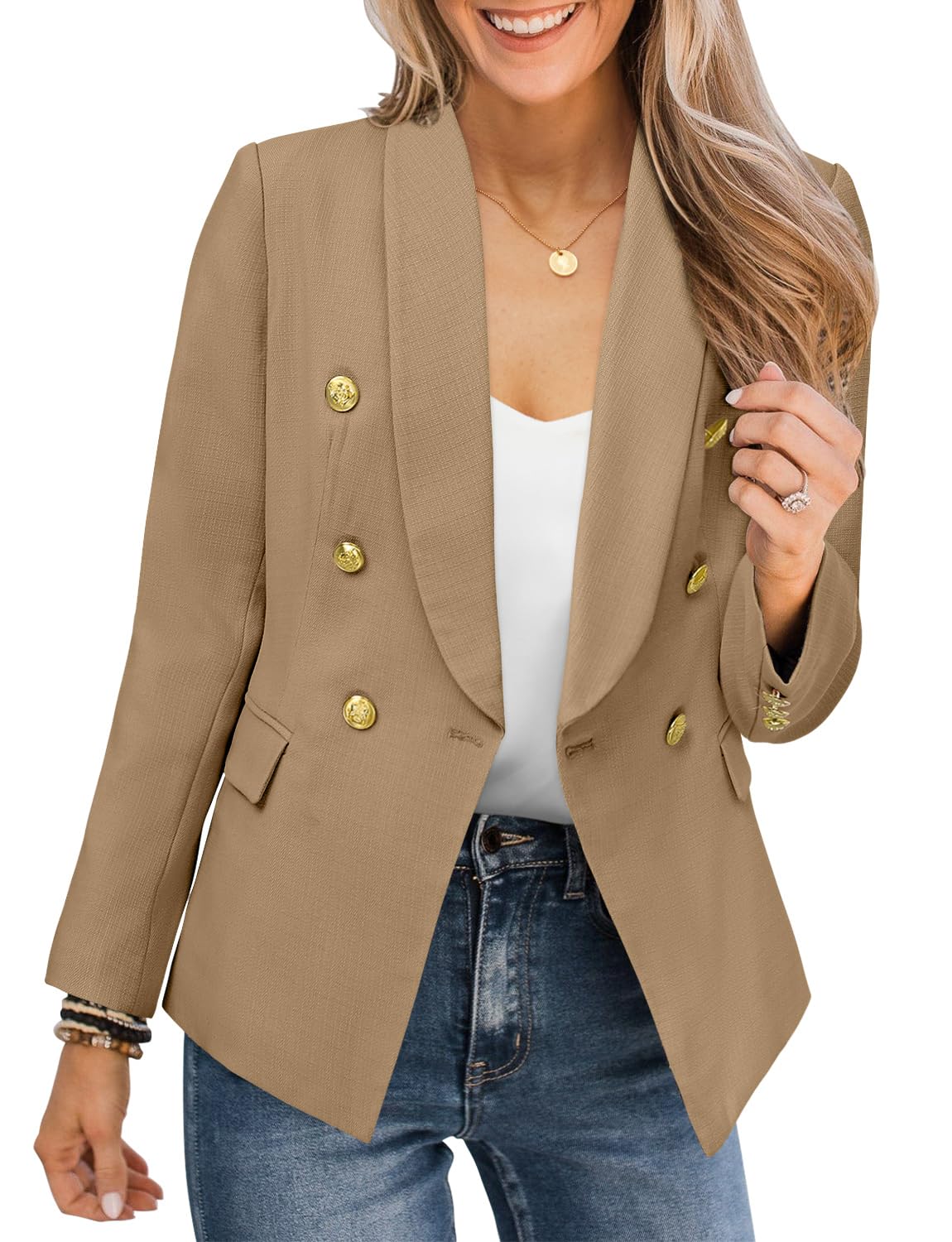 CRAZY GRID Womens Casual Blazer Jacket Gold Button Long Sleeve Work 0ffice Blazer Lapel Open Front Jacket - Xpressa