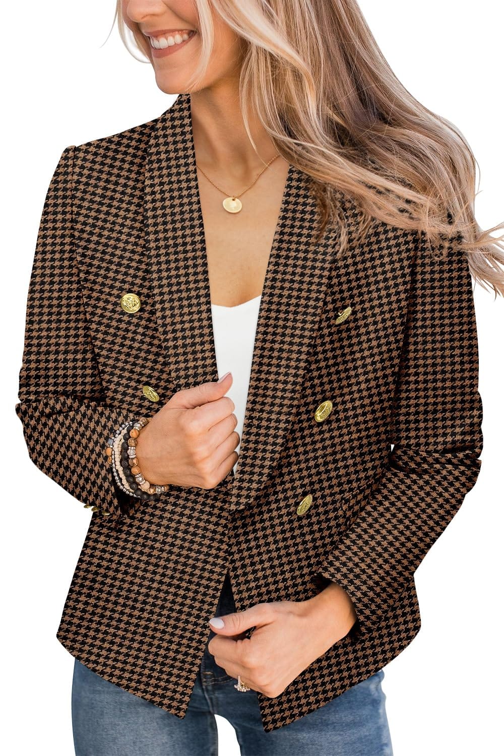 CRAZY GRID Womens Casual Blazer Jacket Gold Button Long Sleeve Work 0ffice Blazer Lapel Open Front Jacket - Xpressa