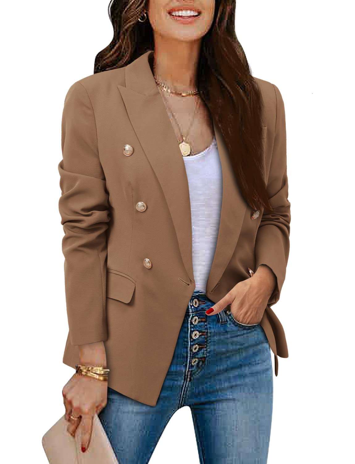 CRAZY GRID Womens Casual Blazer Jacket Gold Button Long Sleeve Work 0ffice Blazer Lapel Open Front Jacket - Xpressa