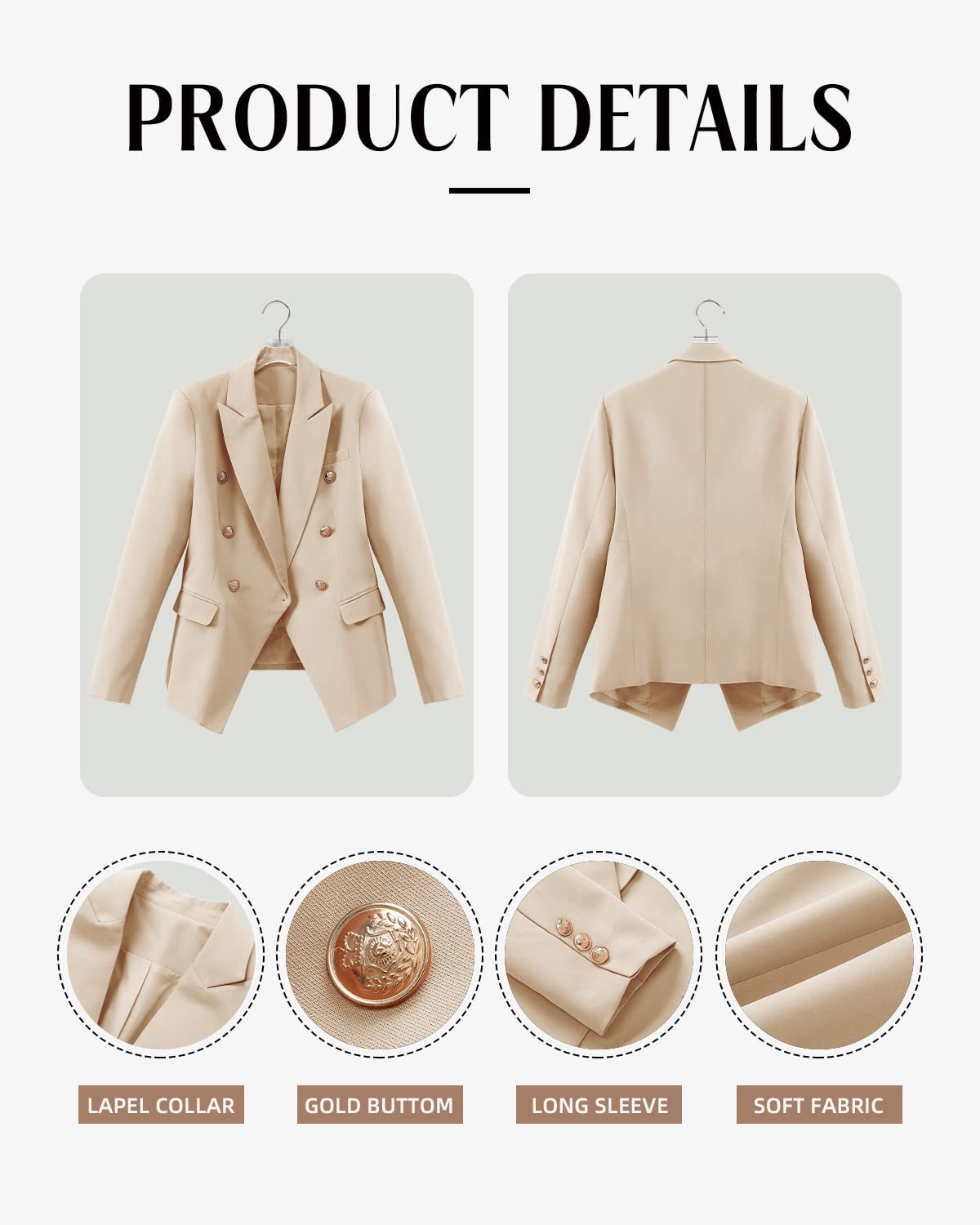 CRAZY GRID Womens Casual Blazer Jacket Gold Button Long Sleeve Work 0ffice Blazer Lapel Open Front Jacket - Xpressa