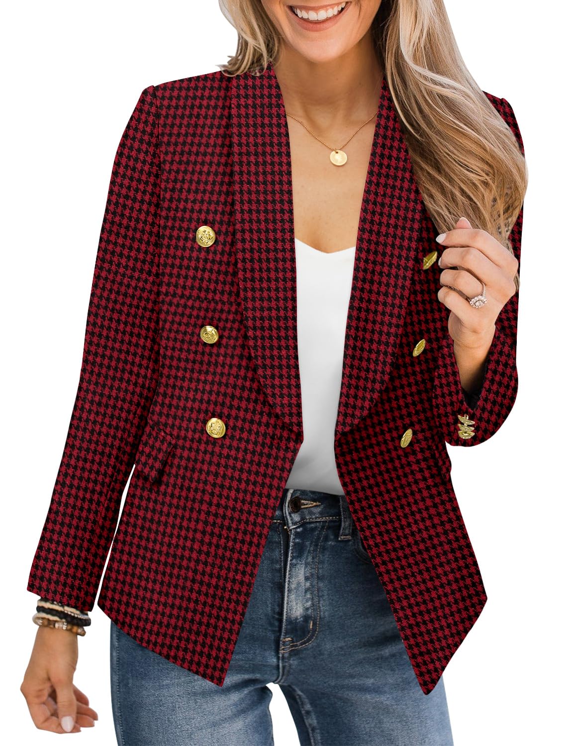 CRAZY GRID Womens Casual Blazer Jacket Gold Button Long Sleeve Work 0ffice Blazer Lapel Open Front Jacket - Xpressa