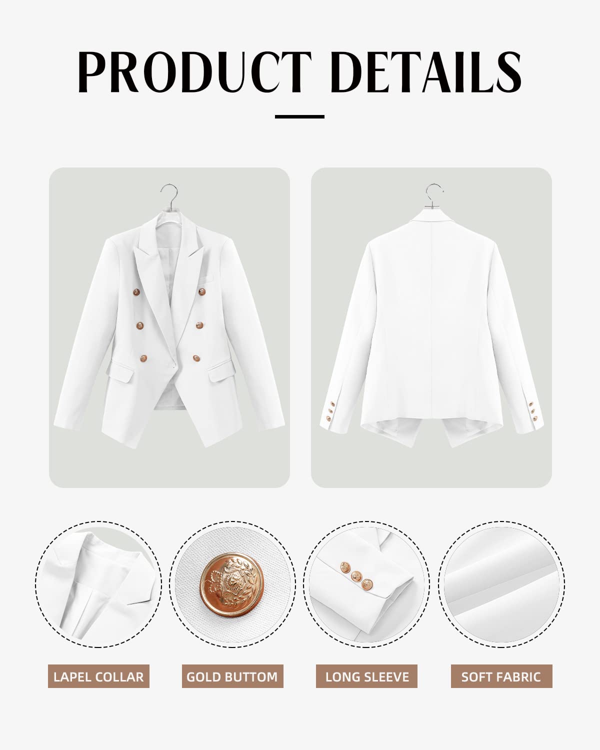 CRAZY GRID Womens Casual Blazer Jacket Gold Button Long Sleeve Work 0ffice Blazer Lapel Open Front Jacket - Xpressa