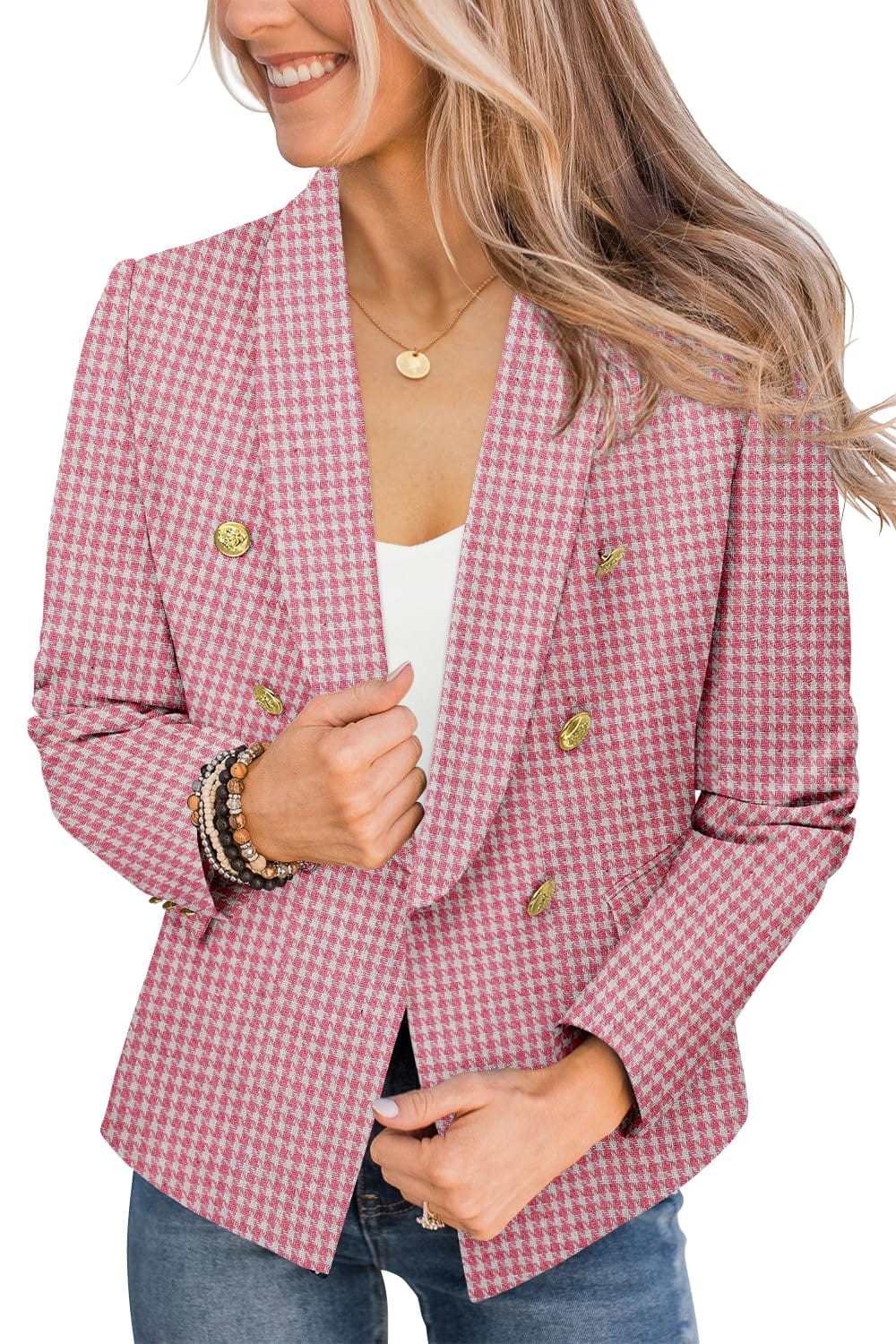 CRAZY GRID Womens Casual Blazer Jacket Gold Button Long Sleeve Work 0ffice Blazer Lapel Open Front Jacket - Xpressa