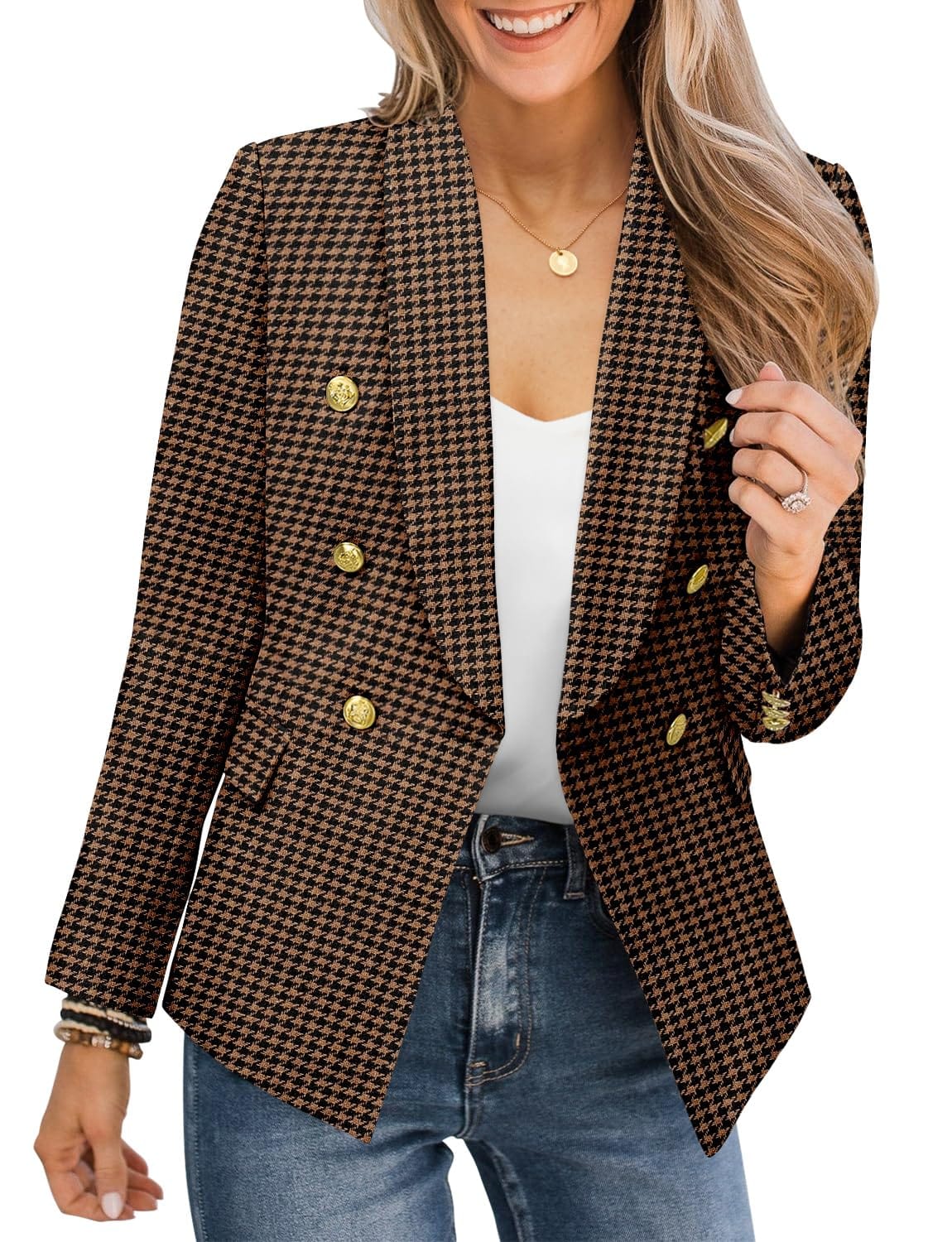 CRAZY GRID Womens Casual Blazer Jacket Gold Button Long Sleeve Work 0ffice Blazer Lapel Open Front Jacket - Xpressa