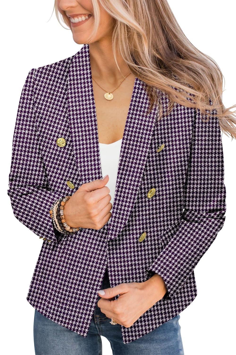 CRAZY GRID Womens Casual Blazer Jacket Gold Button Long Sleeve Work 0ffice Blazer Lapel Open Front Jacket - Xpressa