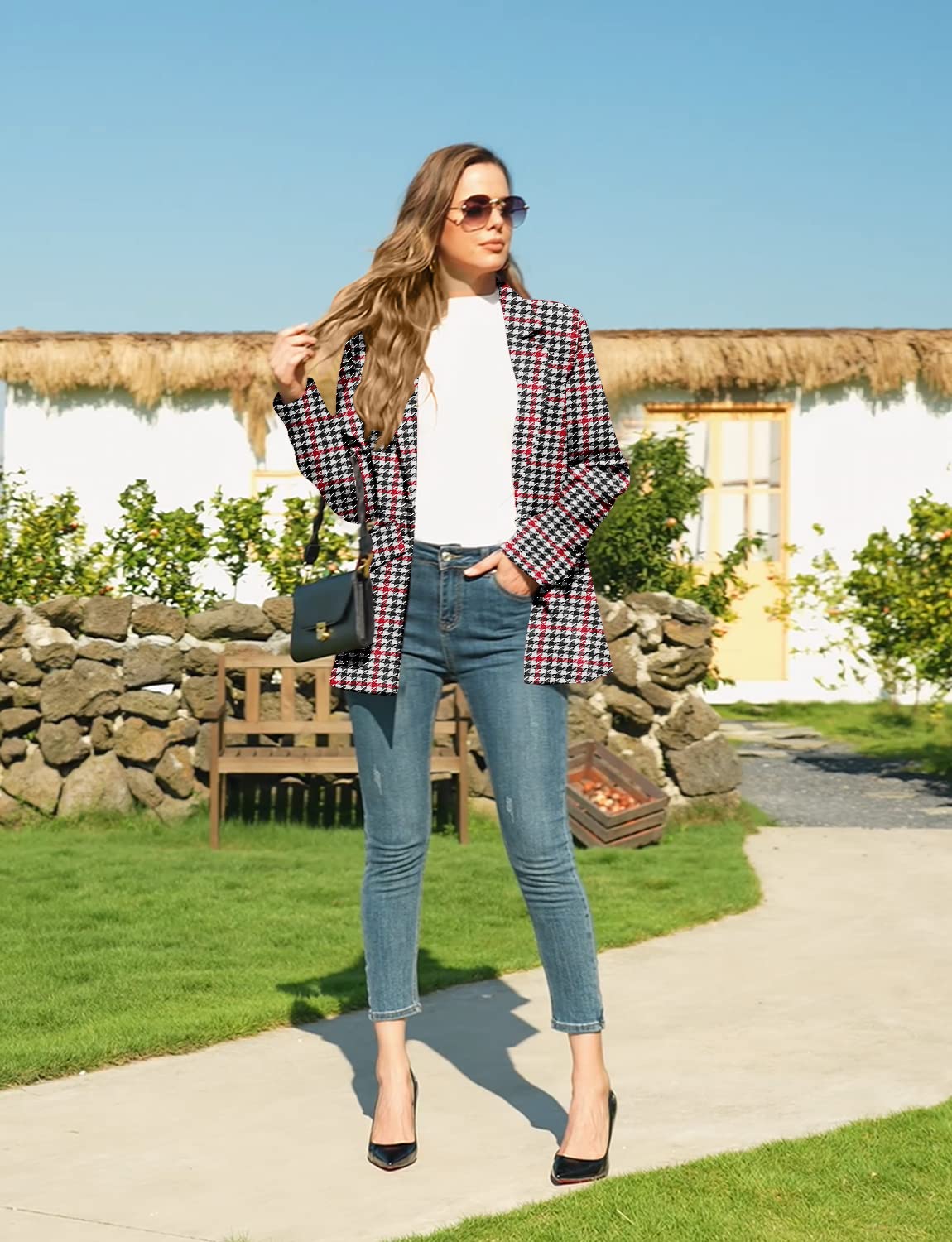 CRAZY GRID Womens Casual Blazer Jacket Long Sleeve Open Front Work Office Blazer Lapel Button Jacket - Xpressa