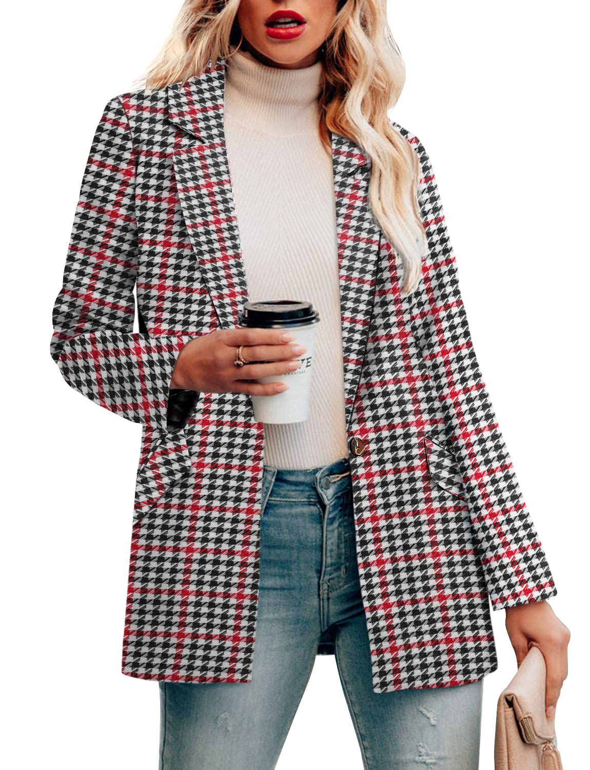 CRAZY GRID Womens Casual Blazer Jacket Long Sleeve Open Front Work Office Blazer Lapel Button Jacket - Xpressa