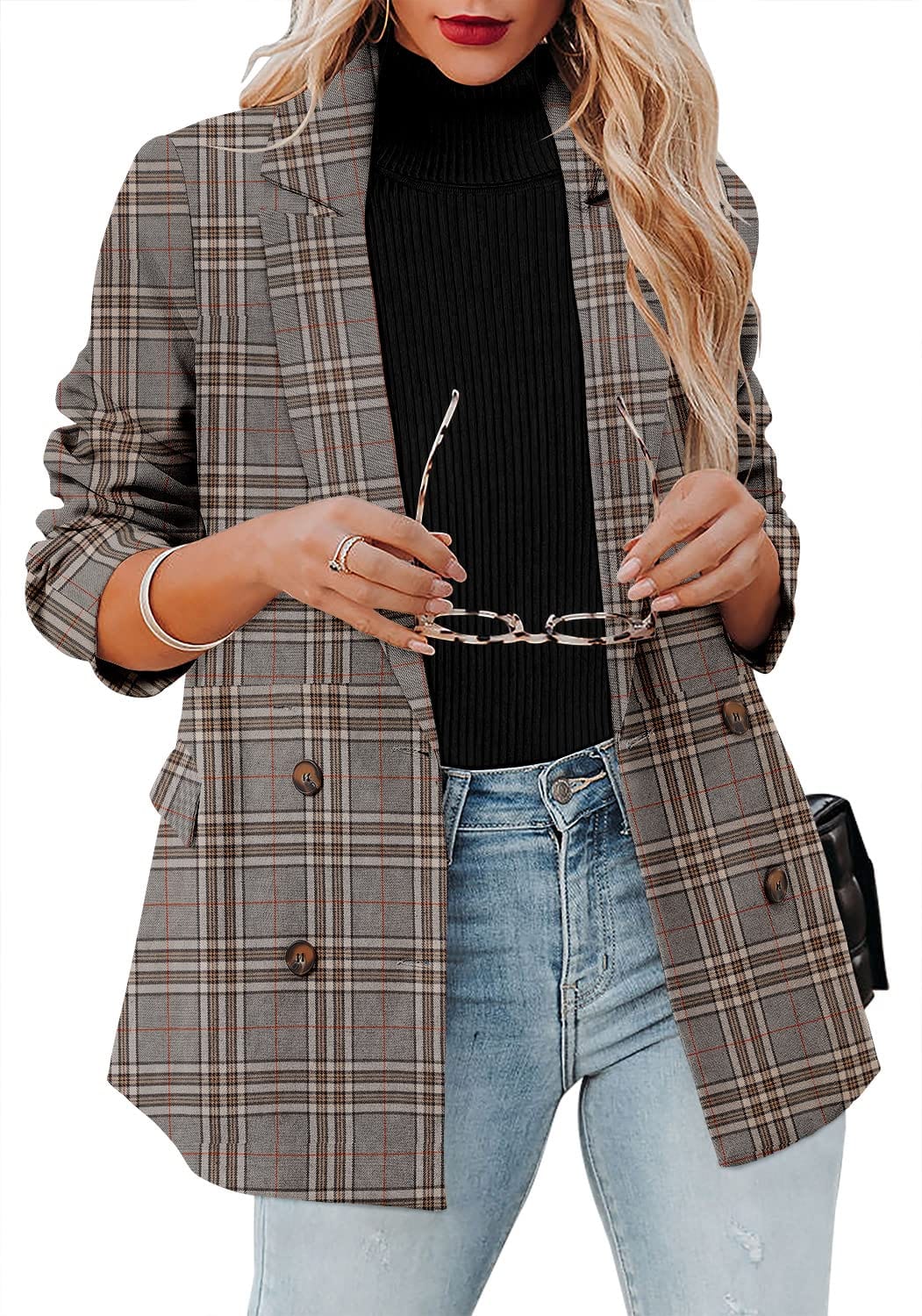 CRAZY GRID Womens Casual Blazer Jacket Long Sleeve Open Front Work Office Blazer Lapel Button Jacket - Xpressa