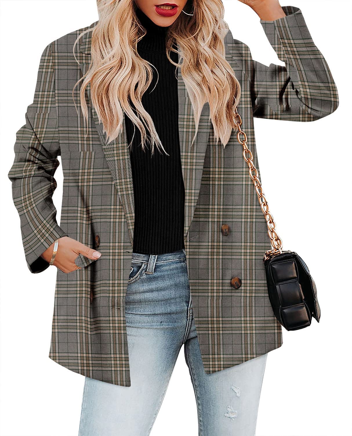 CRAZY GRID Womens Casual Blazer Jacket Long Sleeve Open Front Work Office Blazer Lapel Button Jacket - Xpressa