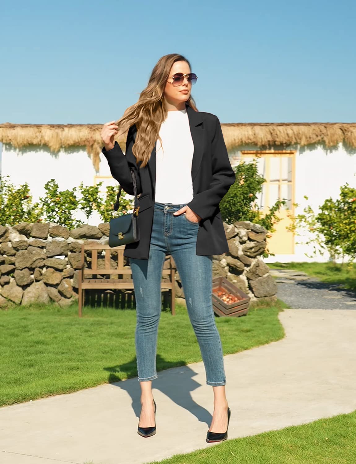 CRAZY GRID Womens Casual Blazer Jacket Long Sleeve Open Front Work Office Blazer Lapel Button Jacket - Xpressa