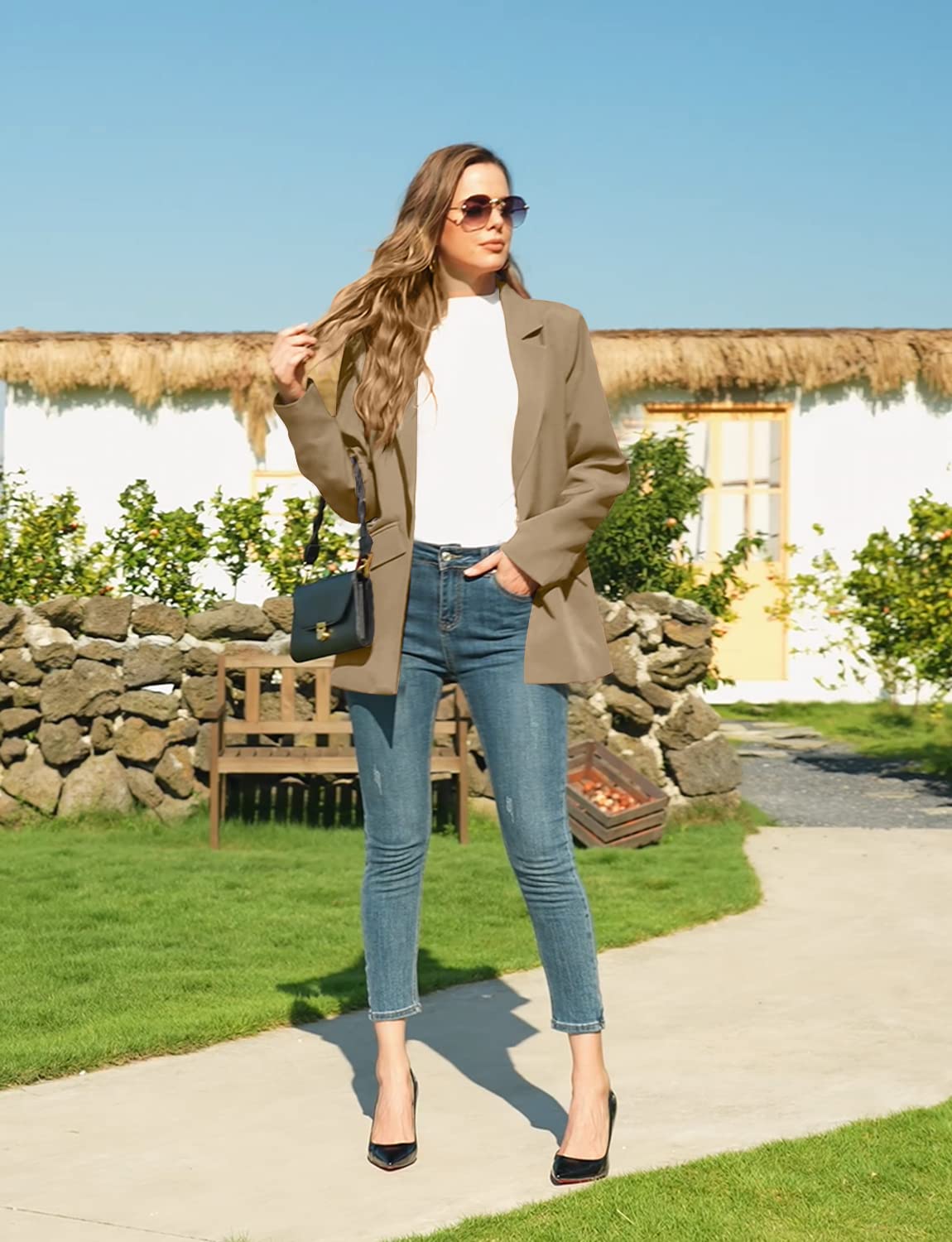 CRAZY GRID Womens Casual Blazer Jacket Long Sleeve Open Front Work Office Blazer Lapel Button Jacket - Xpressa