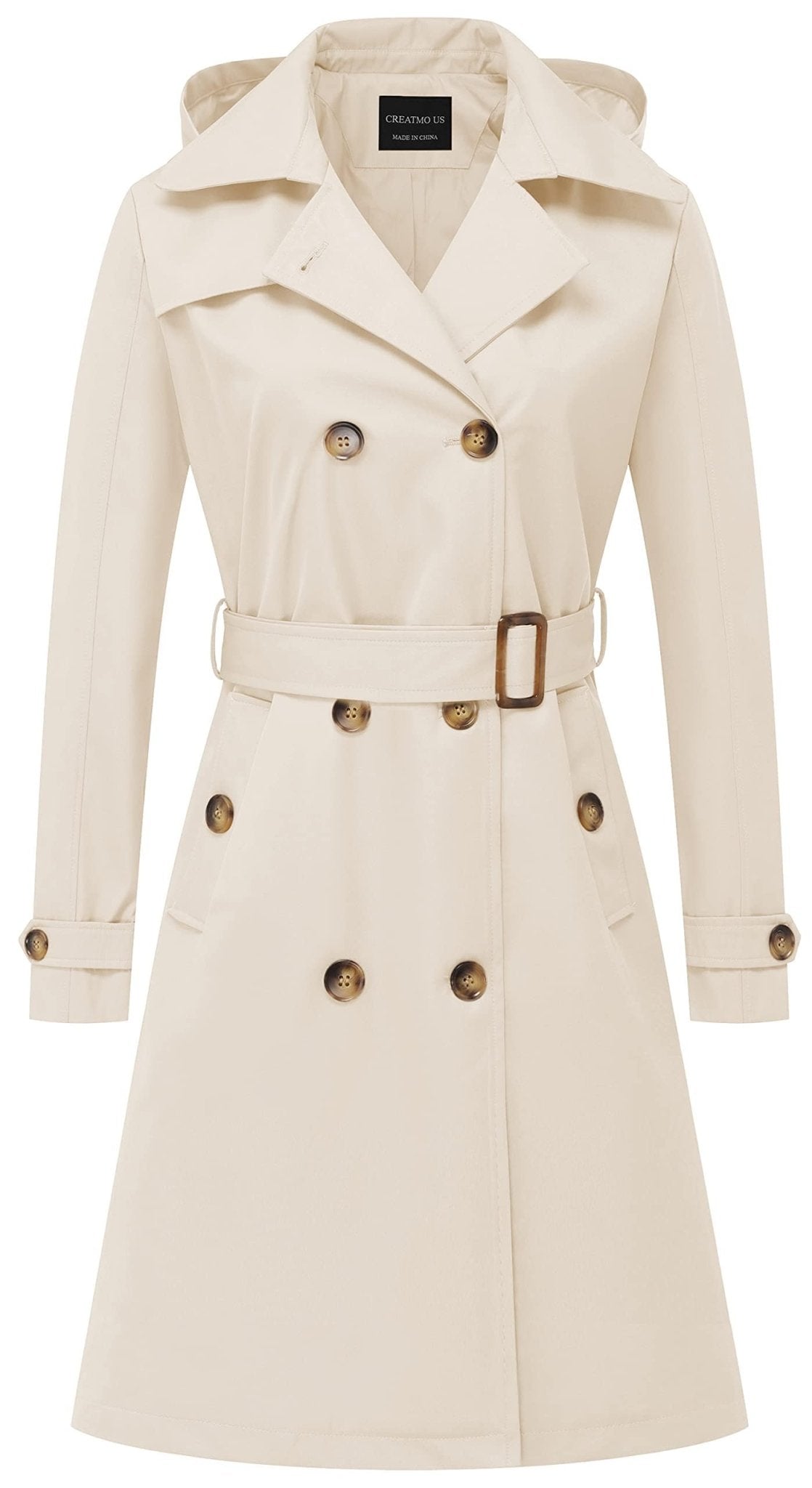 CREATMO US Women's Long Trench Coat Double - Breasted Classic Lapel Overcoat Belted Slim Outerwear Coat with Detachable Hood - Xpressa