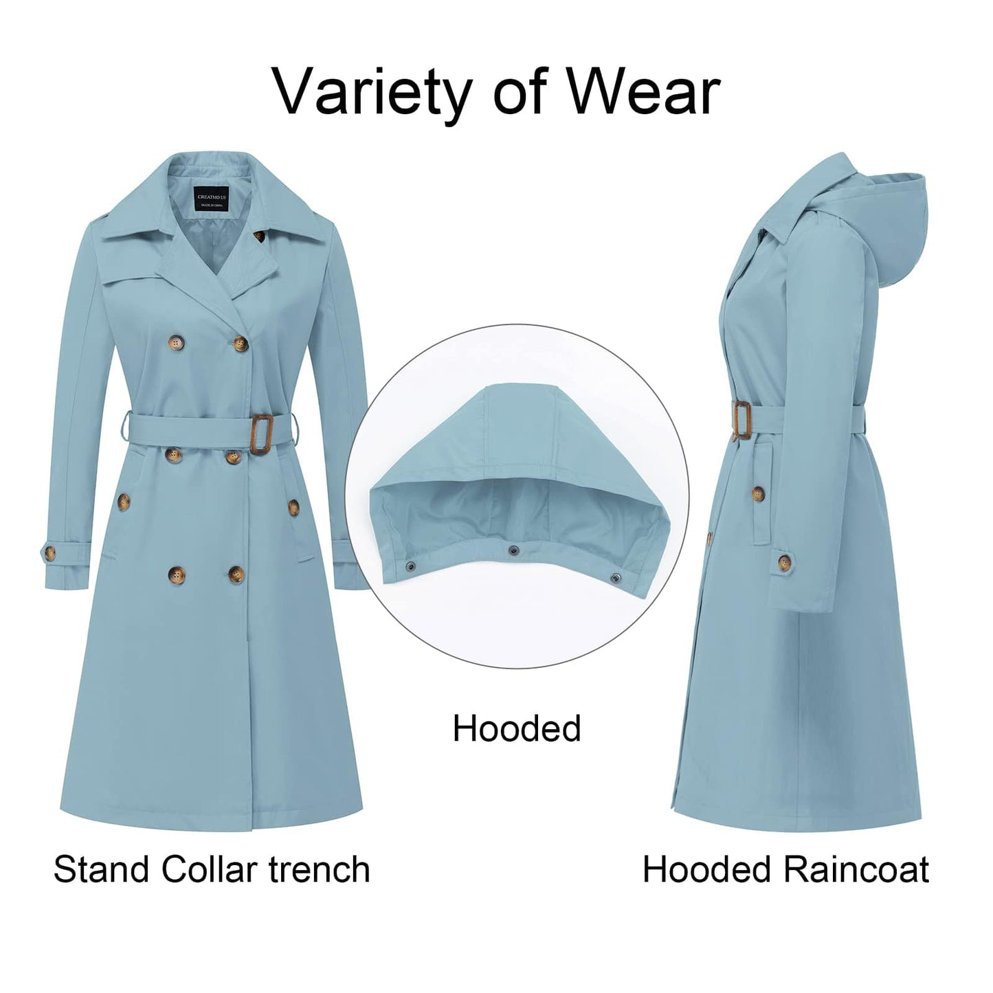 CREATMO US Women's Long Trench Coat Double - Breasted Classic Lapel Overcoat Belted Slim Outerwear Coat with Detachable Hood - Xpressa
