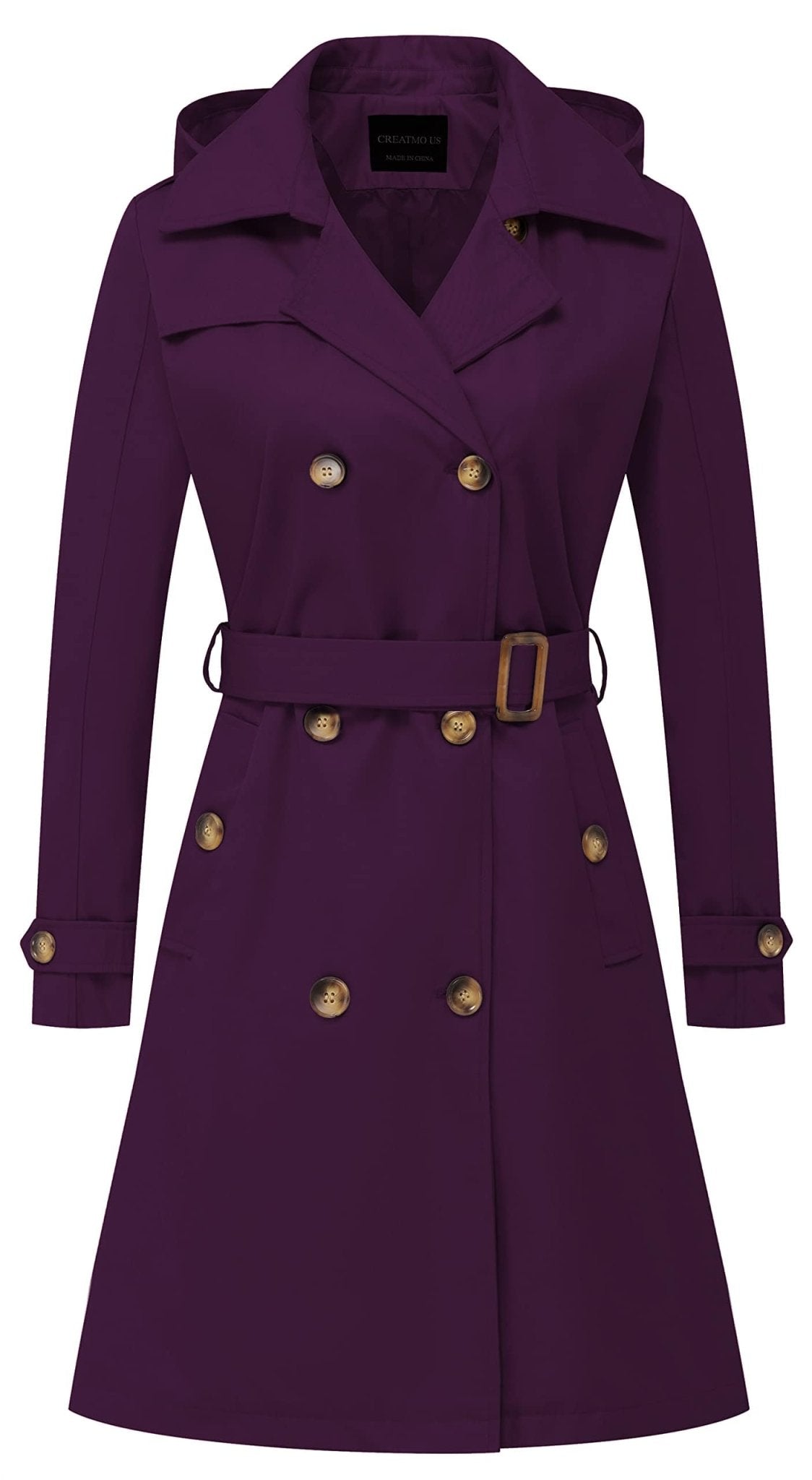 CREATMO US Women's Long Trench Coat Double - Breasted Classic Lapel Overcoat Belted Slim Outerwear Coat with Detachable Hood - Xpressa