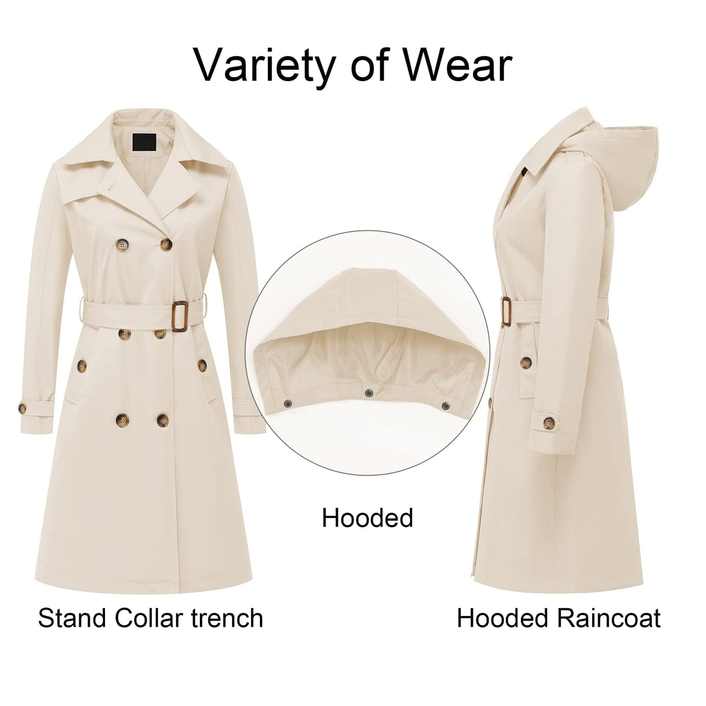 CREATMO US Women's Long Trench Coat Double - Breasted Classic Lapel Overcoat Belted Slim Outerwear Coat with Detachable Hood - Xpressa