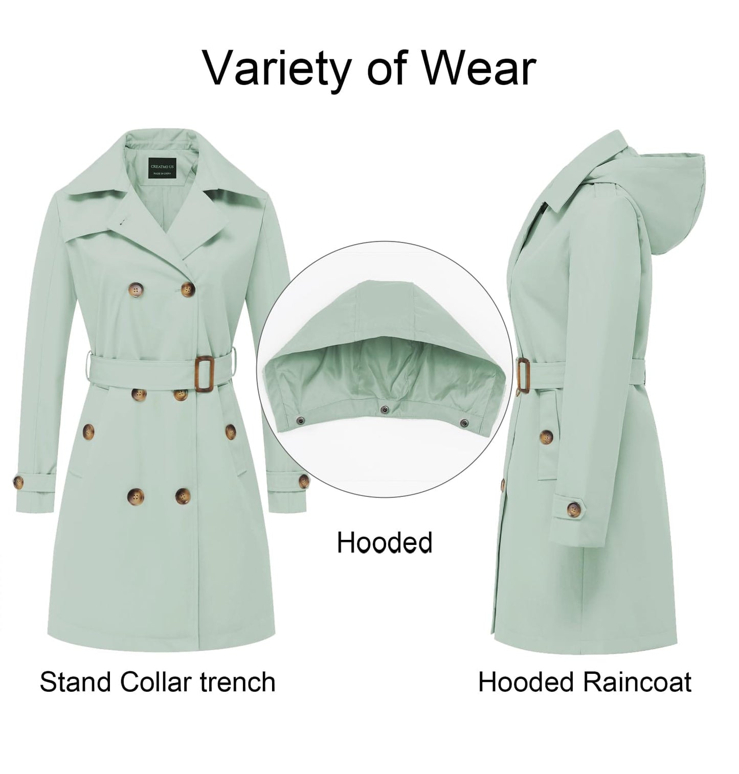 CREATMO US Women's Long Trench Coat Double - Breasted Classic Lapel Overcoat Belted Slim Outerwear Coat with Detachable Hood - Xpressa