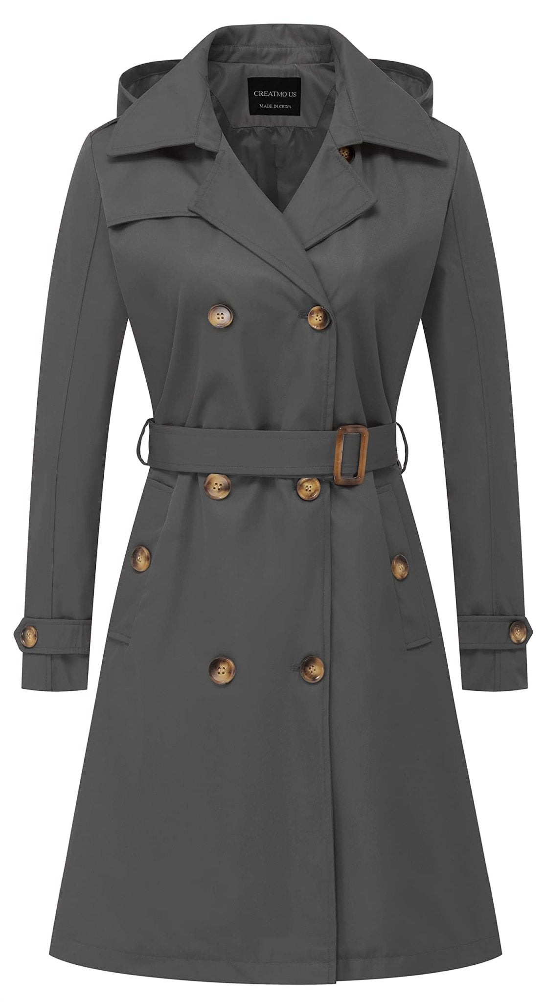 CREATMO US Women's Long Trench Coat Double - Breasted Classic Lapel Overcoat Belted Slim Outerwear Coat with Detachable Hood - Xpressa