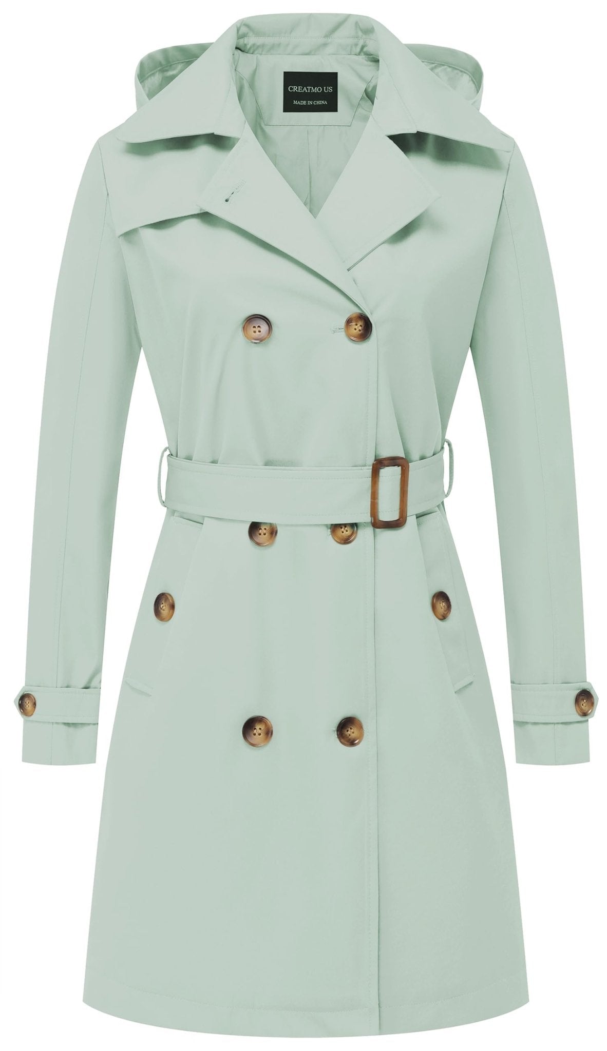 CREATMO US Women's Long Trench Coat Double - Breasted Classic Lapel Overcoat Belted Slim Outerwear Coat with Detachable Hood - Xpressa