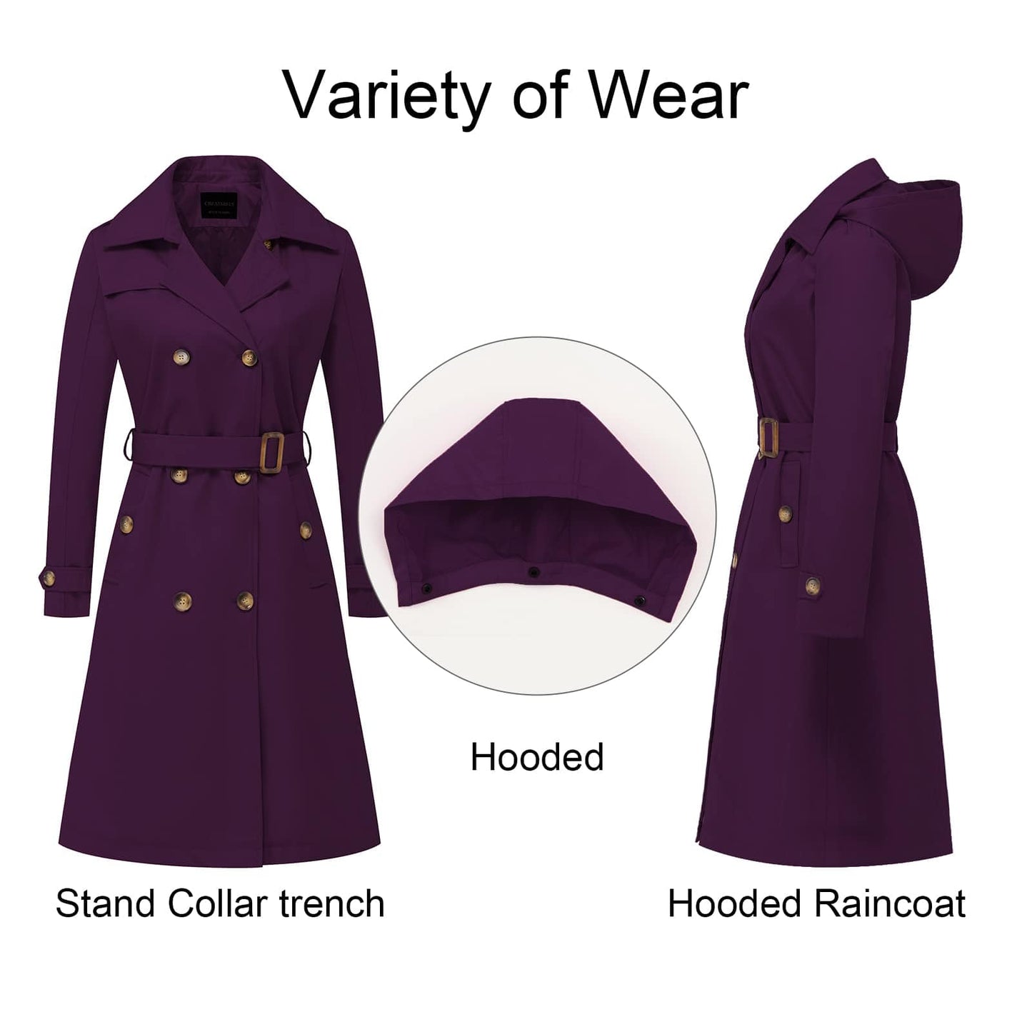 CREATMO US Women's Long Trench Coat Double - Breasted Classic Lapel Overcoat Belted Slim Outerwear Coat with Detachable Hood - Xpressa