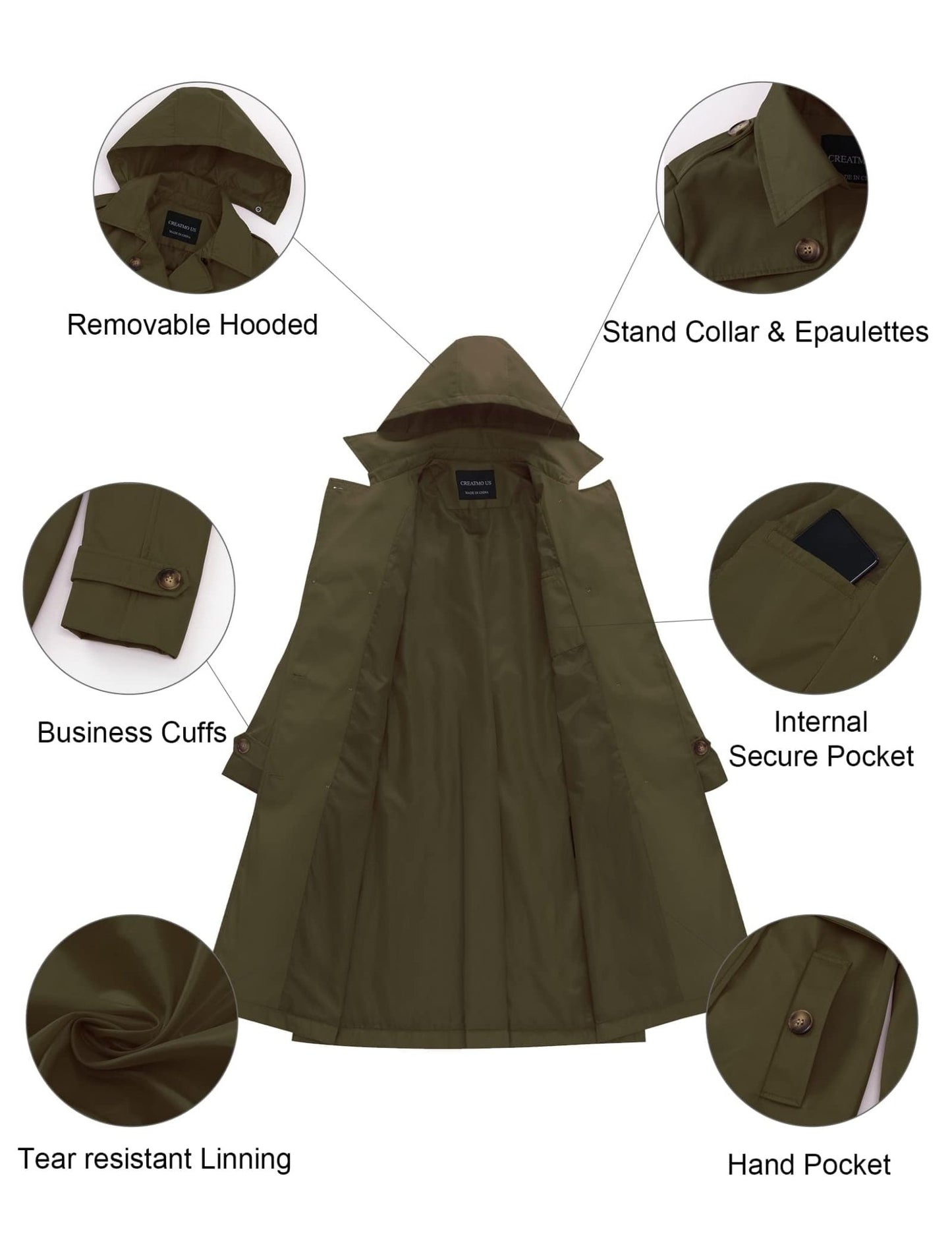 CREATMO US Women's Long Trench Coat Double - Breasted Classic Lapel Overcoat Belted Slim Outerwear Coat with Detachable Hood - Xpressa
